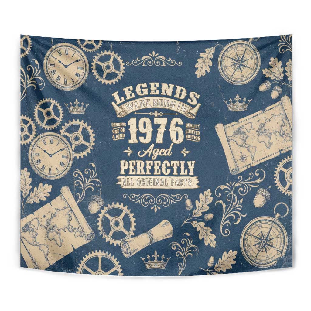 Legend 1976 Vintage Gears and Scrolls Design Tapestry with Crown Motif in Classic Blue and Beige Retro