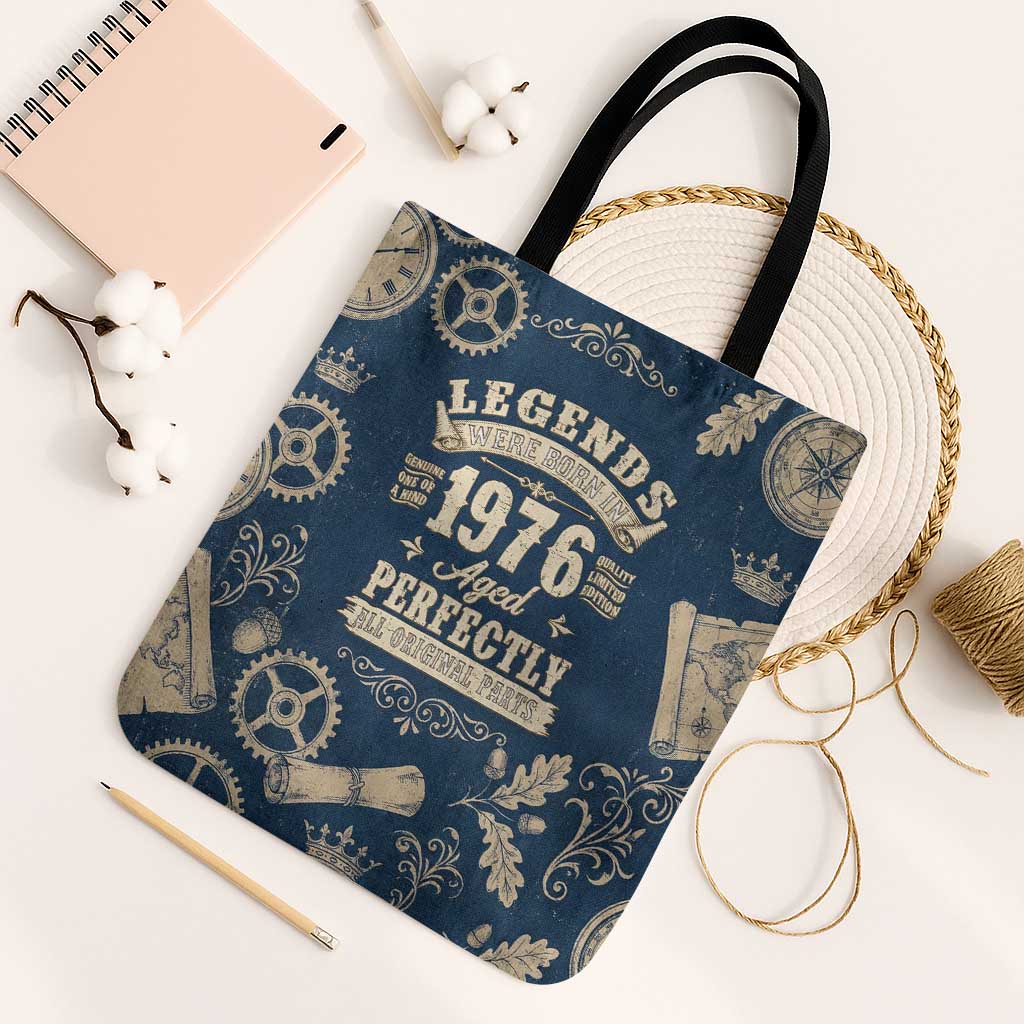 Legend 1976 Vintage Gears and Scrolls Design Tote Bag with Crown Motif in Classic Blue and Beige Retro