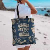 Legend 1976 Vintage Gears and Scrolls Design Tote Bag with Crown Motif in Classic Blue and Beige Retro