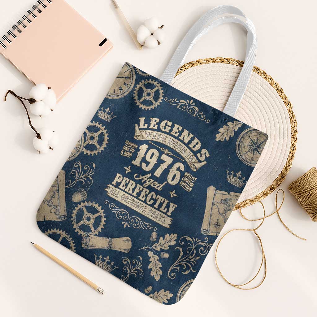 Legend 1976 Vintage Gears and Scrolls Design Tote Bag with Crown Motif in Classic Blue and Beige Retro