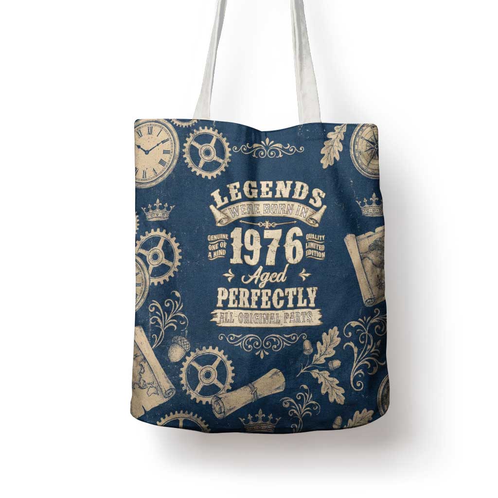 Legend 1976 Vintage Gears and Scrolls Design Tote Bag with Crown Motif in Classic Blue and Beige Retro