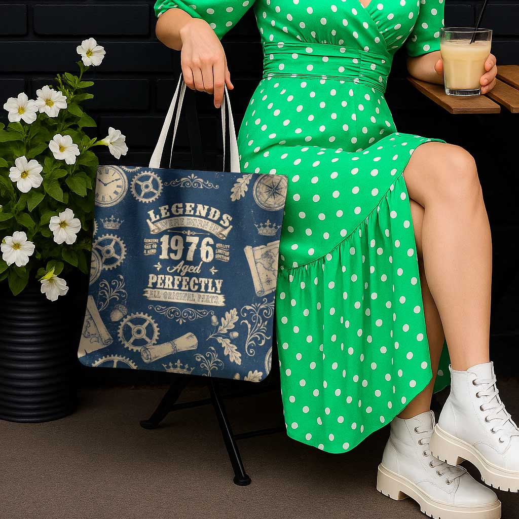 Legend 1976 Vintage Gears and Scrolls Design Tote Bag with Crown Motif in Classic Blue and Beige Retro