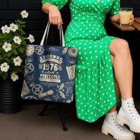 Legend 1976 Vintage Gears and Scrolls Design Tote Bag with Crown Motif in Classic Blue and Beige Retro