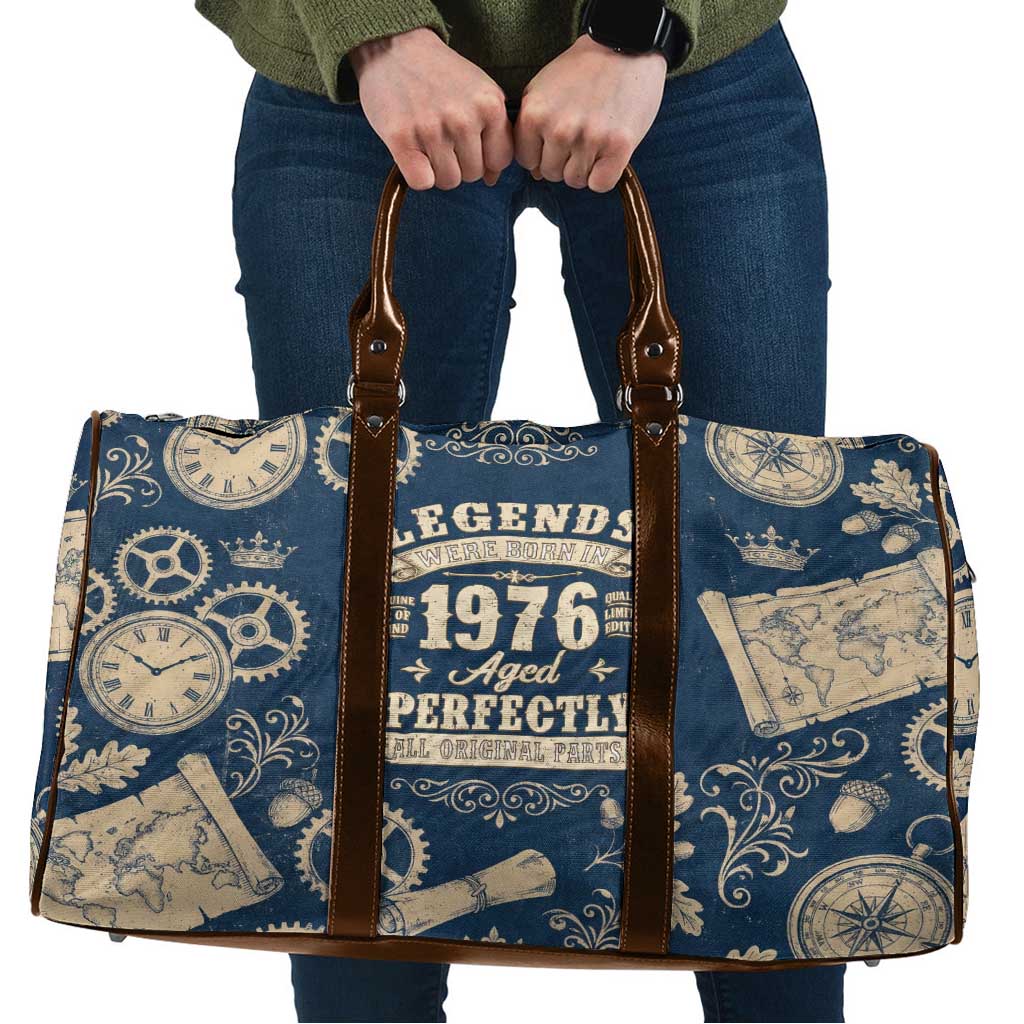 Legend 1976 Vintage Gears and Scrolls Design Travel Bag with Crown Motif in Classic Blue and Beige Retro