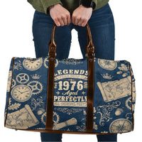 Legend 1976 Vintage Gears and Scrolls Design Travel Bag with Crown Motif in Classic Blue and Beige Retro