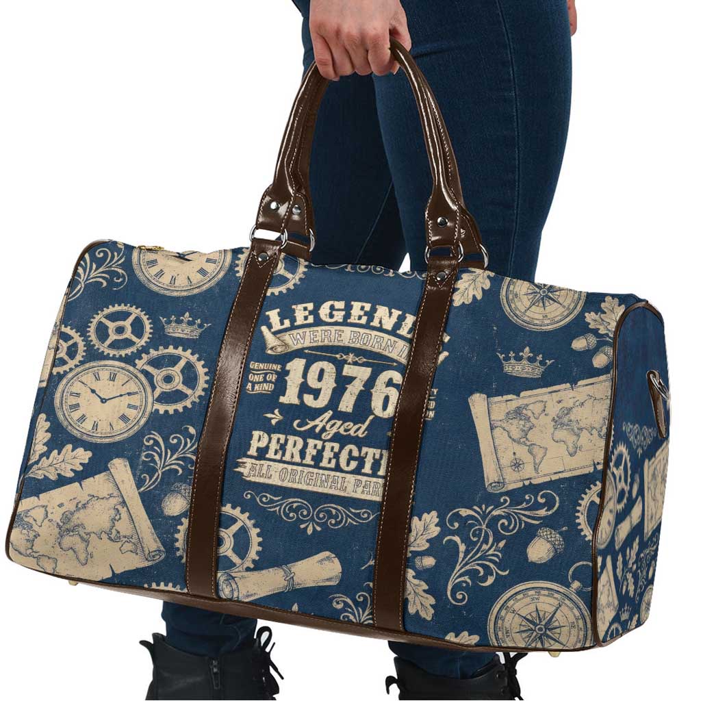 Legend 1976 Vintage Gears and Scrolls Design Travel Bag with Crown Motif in Classic Blue and Beige Retro