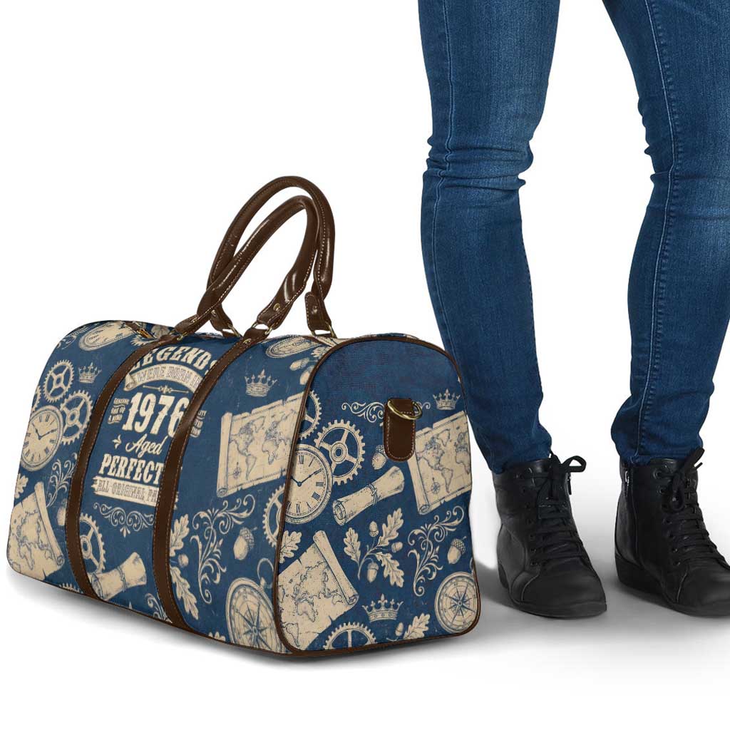 Legend 1976 Vintage Gears and Scrolls Design Travel Bag with Crown Motif in Classic Blue and Beige Retro