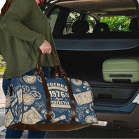 Legend 1976 Vintage Gears and Scrolls Design Travel Bag with Crown Motif in Classic Blue and Beige Retro