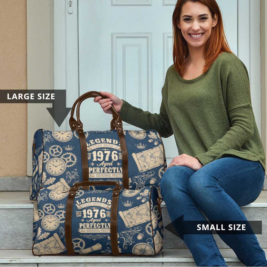 Legend 1976 Vintage Gears and Scrolls Design Travel Bag with Crown Motif in Classic Blue and Beige Retro