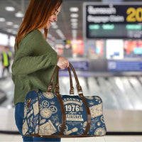 Legend 1976 Vintage Gears and Scrolls Design Travel Bag with Crown Motif in Classic Blue and Beige Retro