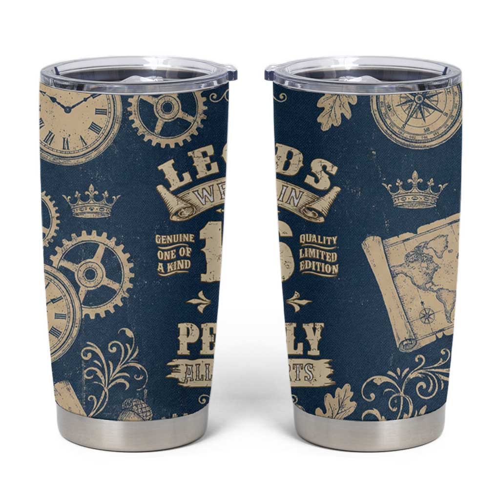 Legend 1976 Vintage Gears and Scrolls Design Tumbler Cup with Crown Motif in Classic Blue and Beige Retro