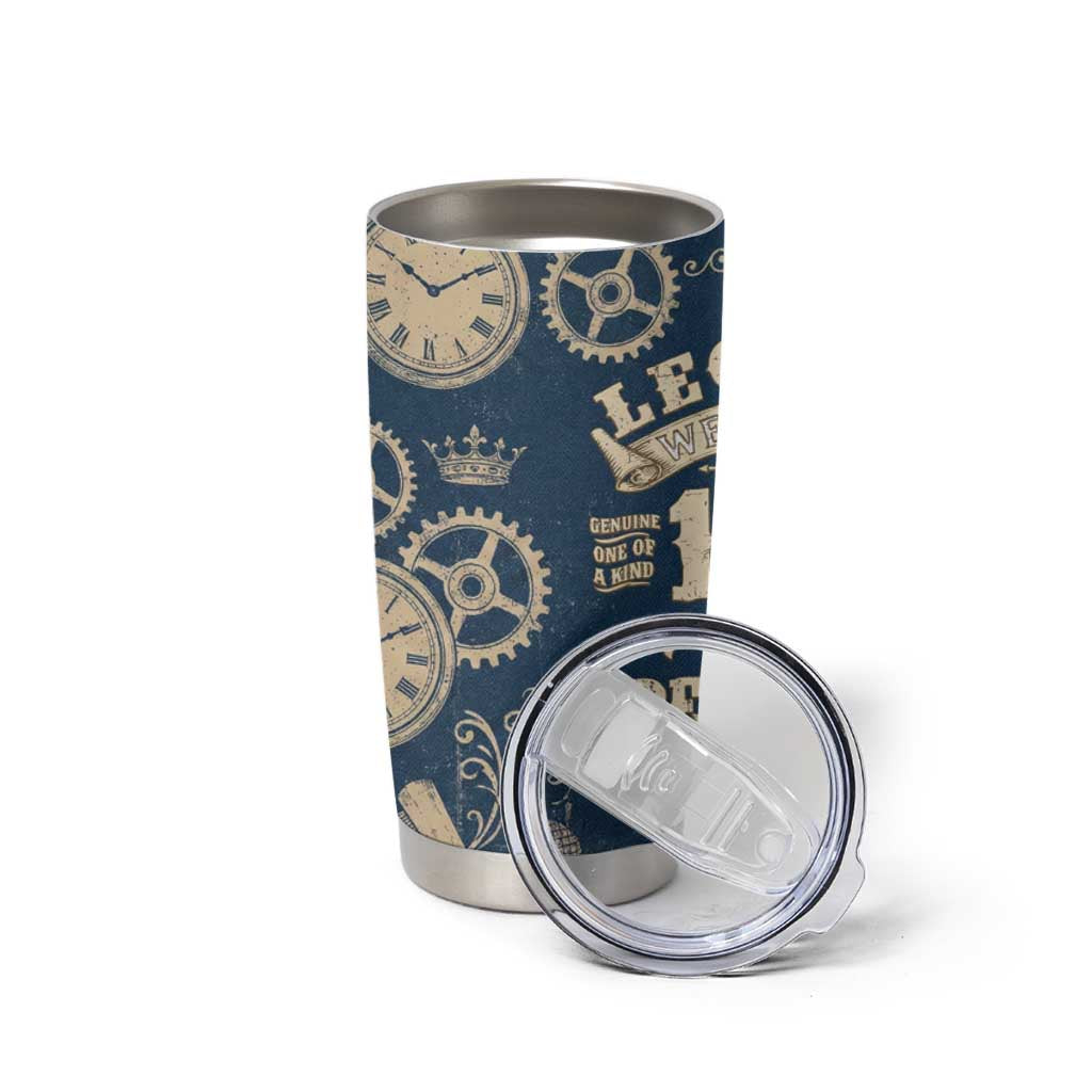Legend 1976 Vintage Gears and Scrolls Design Tumbler Cup with Crown Motif in Classic Blue and Beige Retro