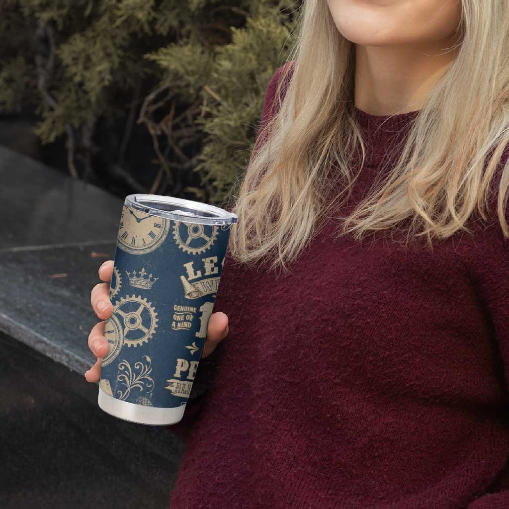 Legend 1976 Vintage Gears and Scrolls Design Tumbler Cup with Crown Motif in Classic Blue and Beige Retro