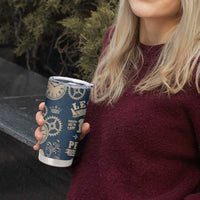 Legend 1976 Vintage Gears and Scrolls Design Tumbler Cup with Crown Motif in Classic Blue and Beige Retro