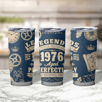 Legend 1976 Vintage Gears and Scrolls Design Tumbler Cup with Crown Motif in Classic Blue and Beige Retro