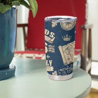 Legend 1976 Vintage Gears and Scrolls Design Tumbler Cup with Crown Motif in Classic Blue and Beige Retro
