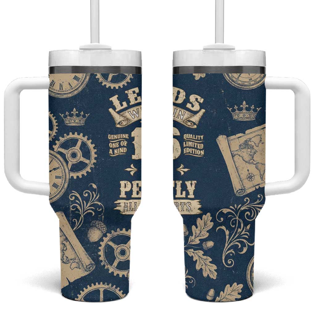 Legend 1976 Vintage Gears and Scrolls Design Tumbler With Handle with Crown Motif in Classic Blue and Beige Retro