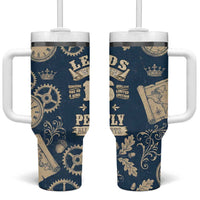 Legend 1976 Vintage Gears and Scrolls Design Tumbler With Handle with Crown Motif in Classic Blue and Beige Retro