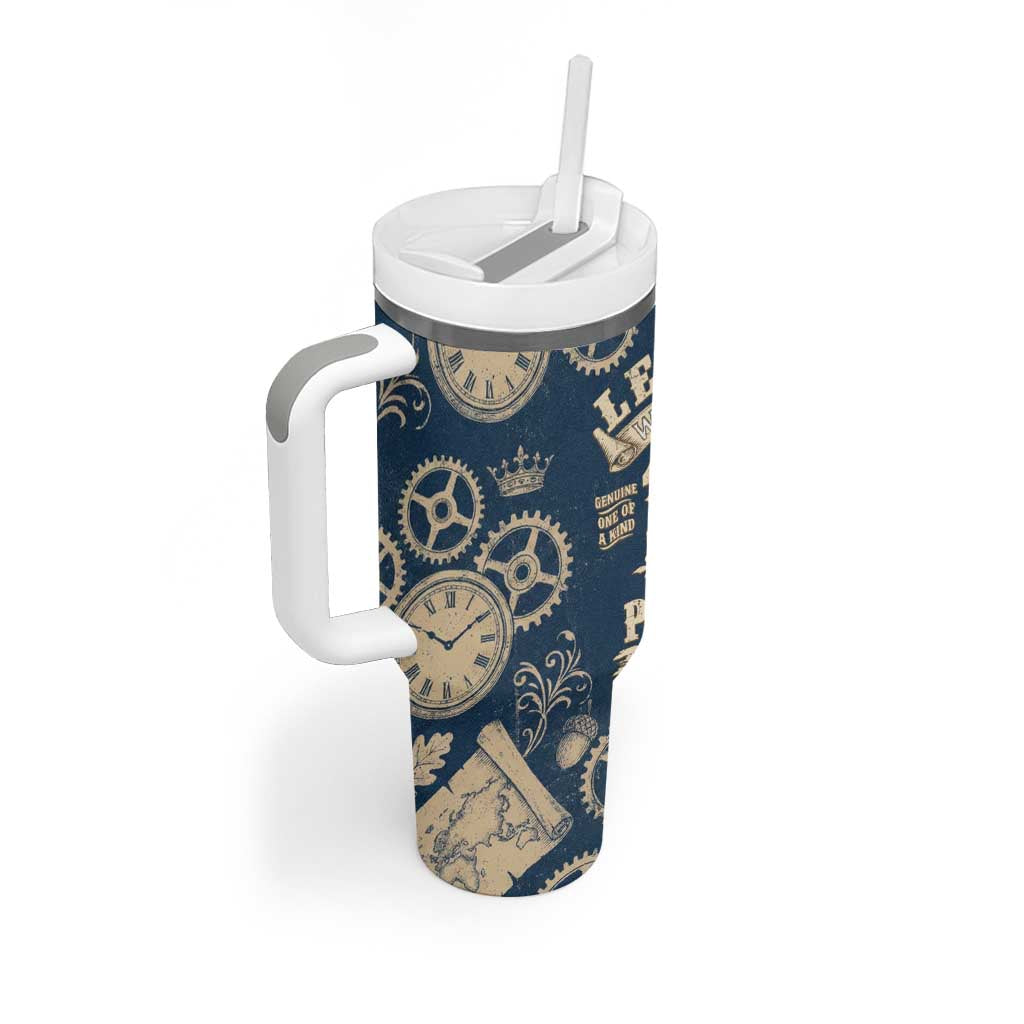 Legend 1976 Vintage Gears and Scrolls Design Tumbler With Handle with Crown Motif in Classic Blue and Beige Retro