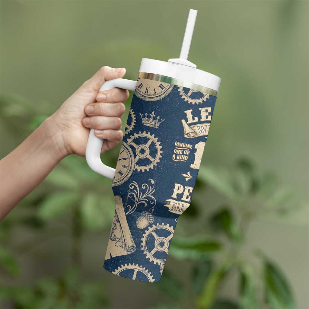 Legend 1976 Vintage Gears and Scrolls Design Tumbler With Handle with Crown Motif in Classic Blue and Beige Retro