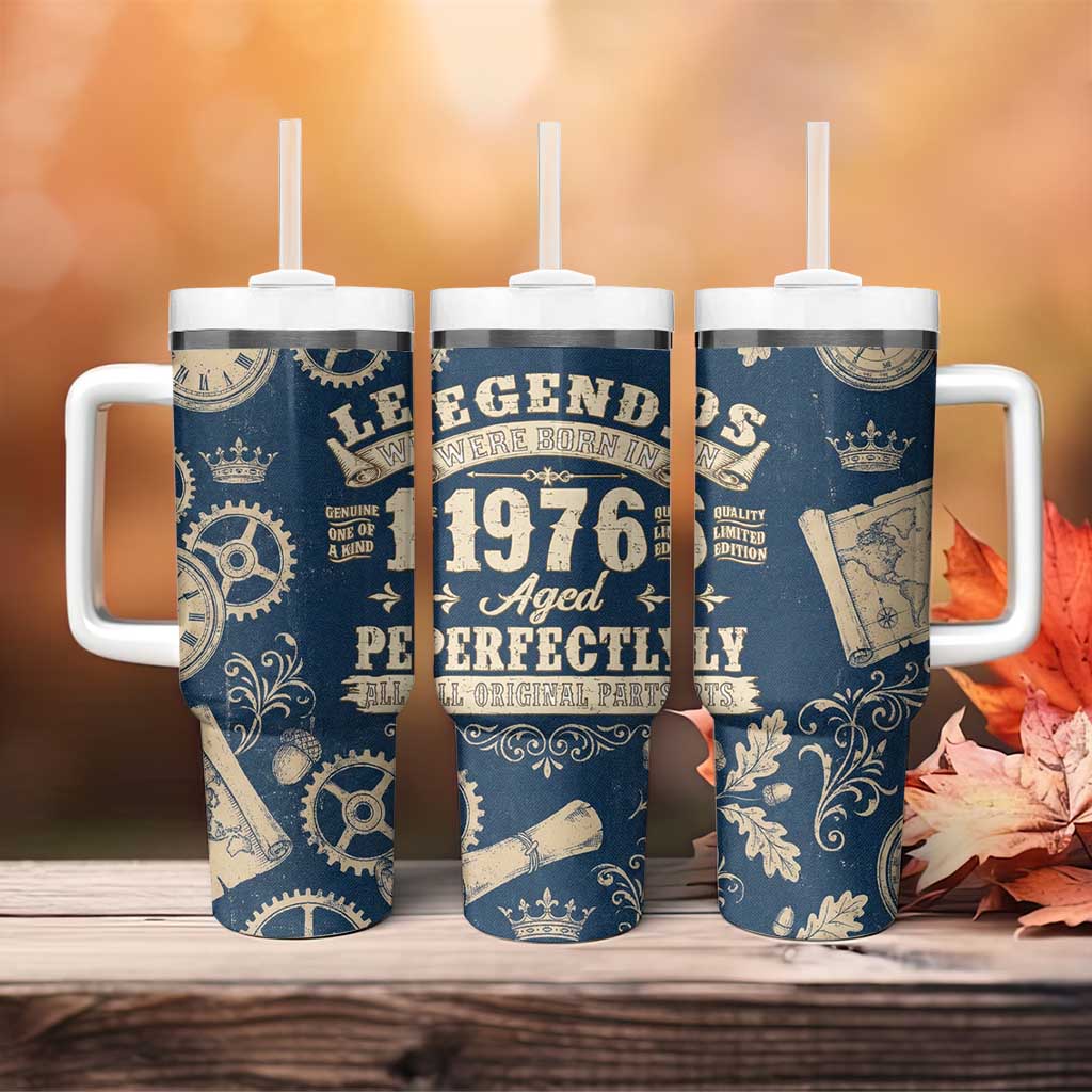 Legend 1976 Vintage Gears and Scrolls Design Tumbler With Handle with Crown Motif in Classic Blue and Beige Retro