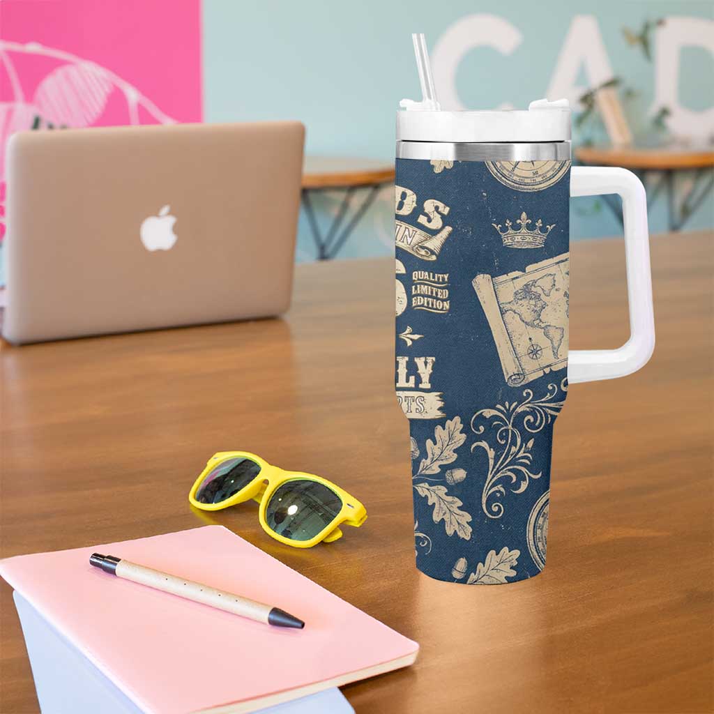 Legend 1976 Vintage Gears and Scrolls Design Tumbler With Handle with Crown Motif in Classic Blue and Beige Retro