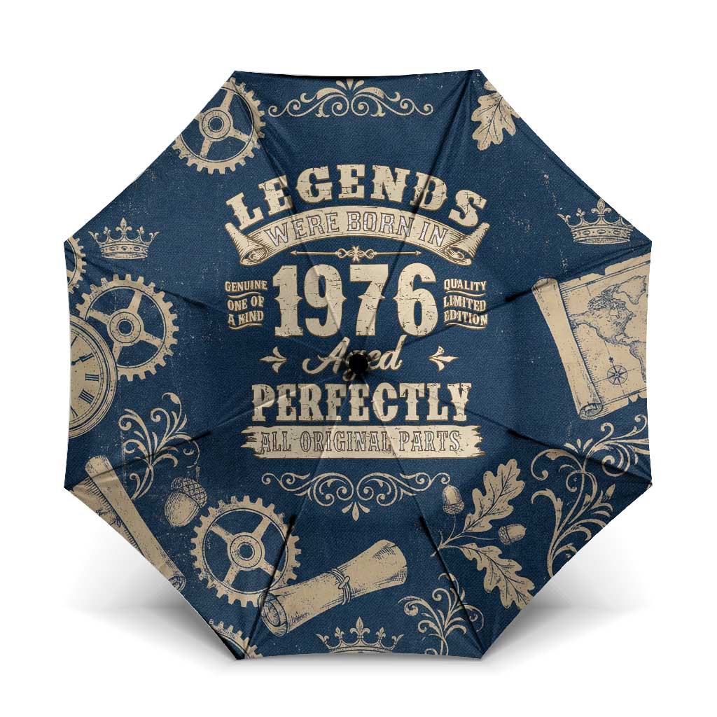 Legend 1976 Vintage Gears and Scrolls Design Umbrella with Crown Motif in Classic Blue and Beige Retro