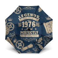 Legend 1976 Vintage Gears and Scrolls Design Umbrella with Crown Motif in Classic Blue and Beige Retro