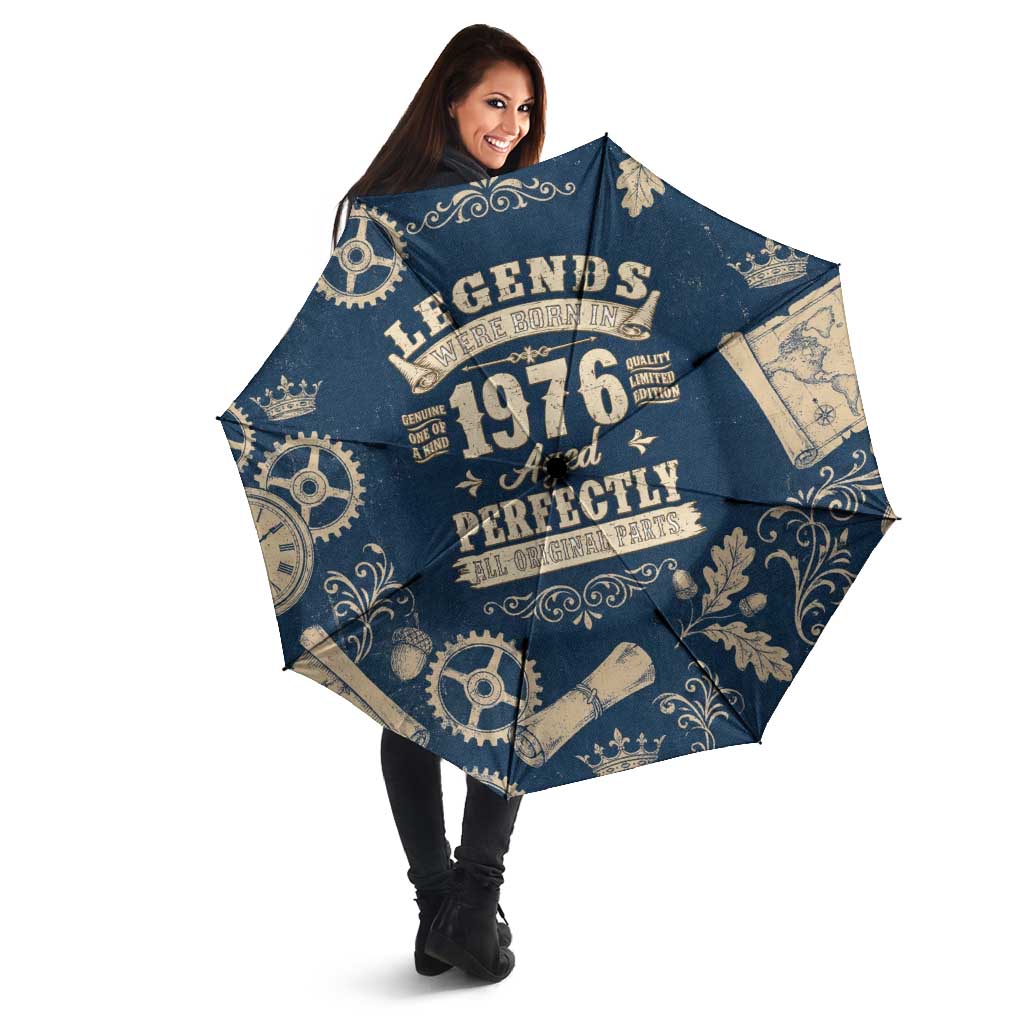 Legend 1976 Vintage Gears and Scrolls Design Umbrella with Crown Motif in Classic Blue and Beige Retro