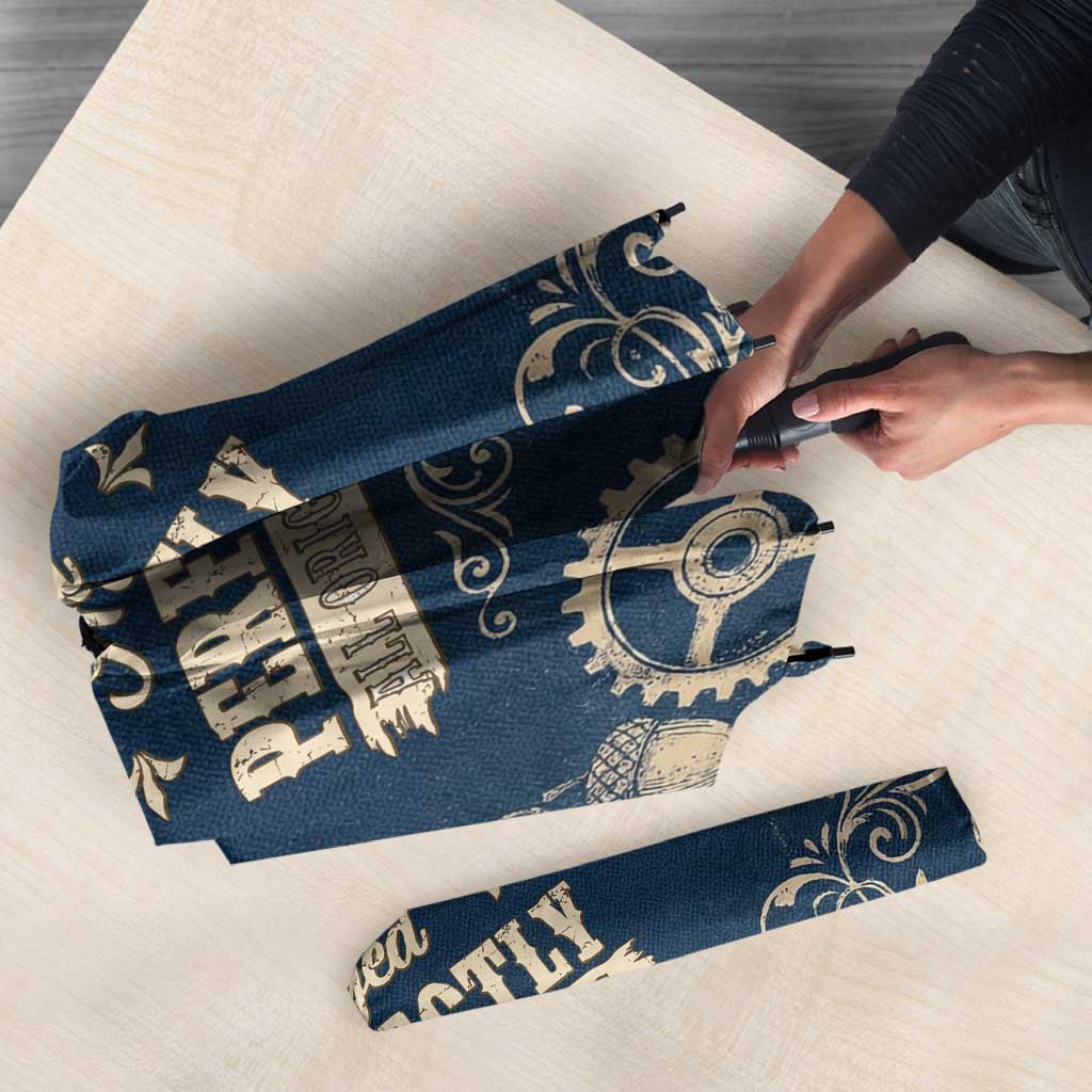 Legend 1976 Vintage Gears and Scrolls Design Umbrella with Crown Motif in Classic Blue and Beige Retro