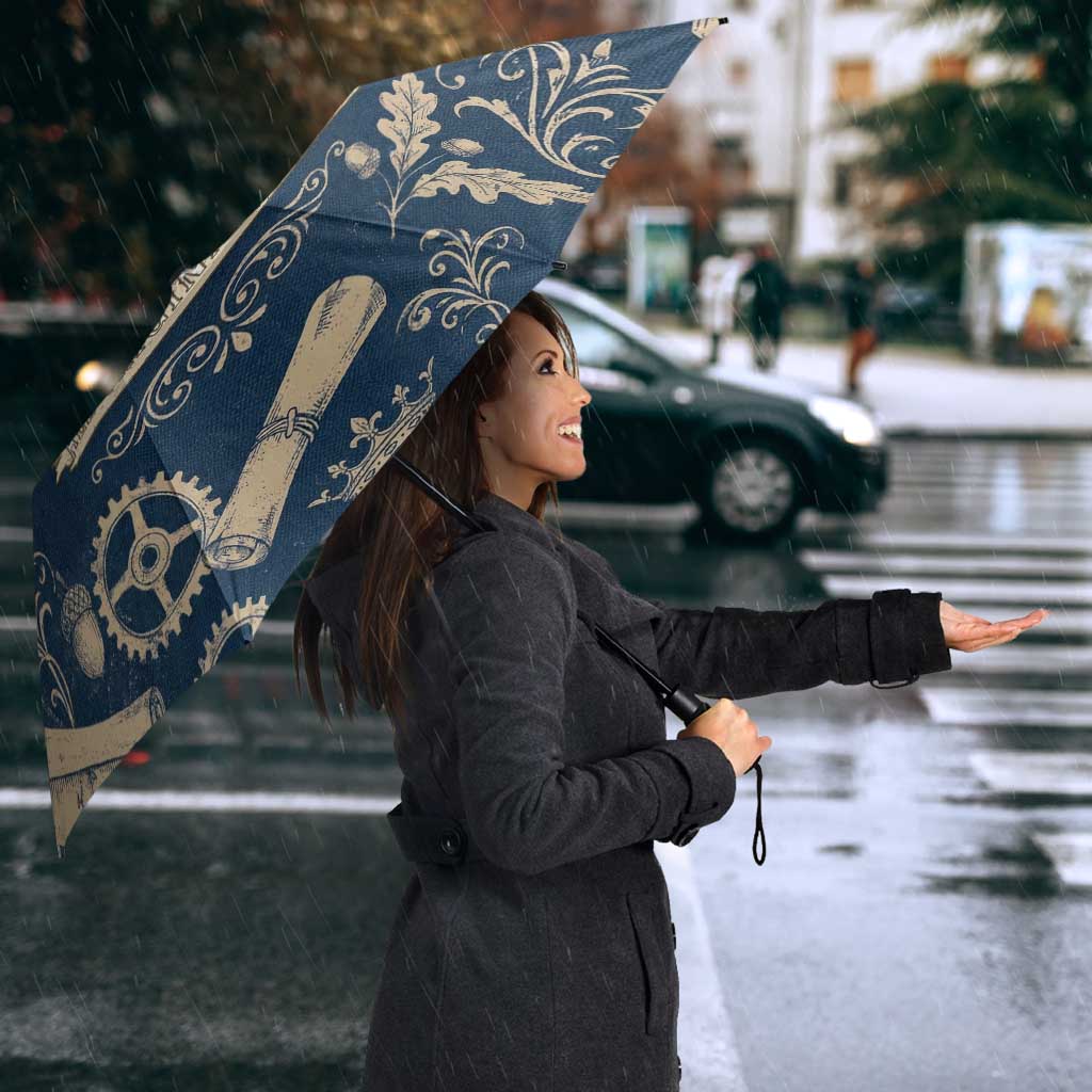 Legend 1976 Vintage Gears and Scrolls Design Umbrella with Crown Motif in Classic Blue and Beige Retro