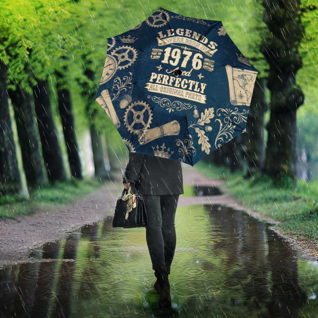 Legend 1976 Vintage Gears and Scrolls Design Umbrella with Crown Motif in Classic Blue and Beige Retro