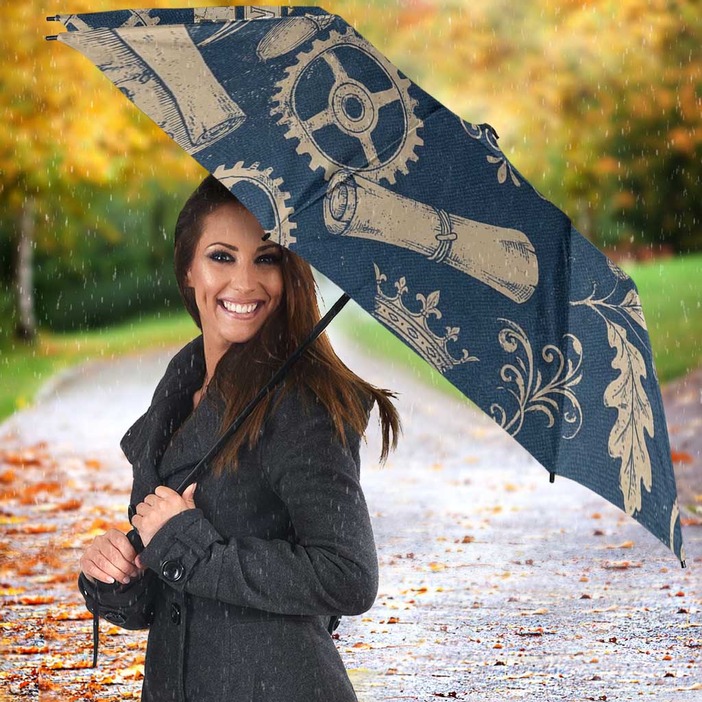 Legend 1976 Vintage Gears and Scrolls Design Umbrella with Crown Motif in Classic Blue and Beige Retro