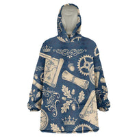 Legend 1976 Vintage Gears and Scrolls Design Wearable Blanket Hoodie with Crown Motif in Classic Blue and Beige Retro