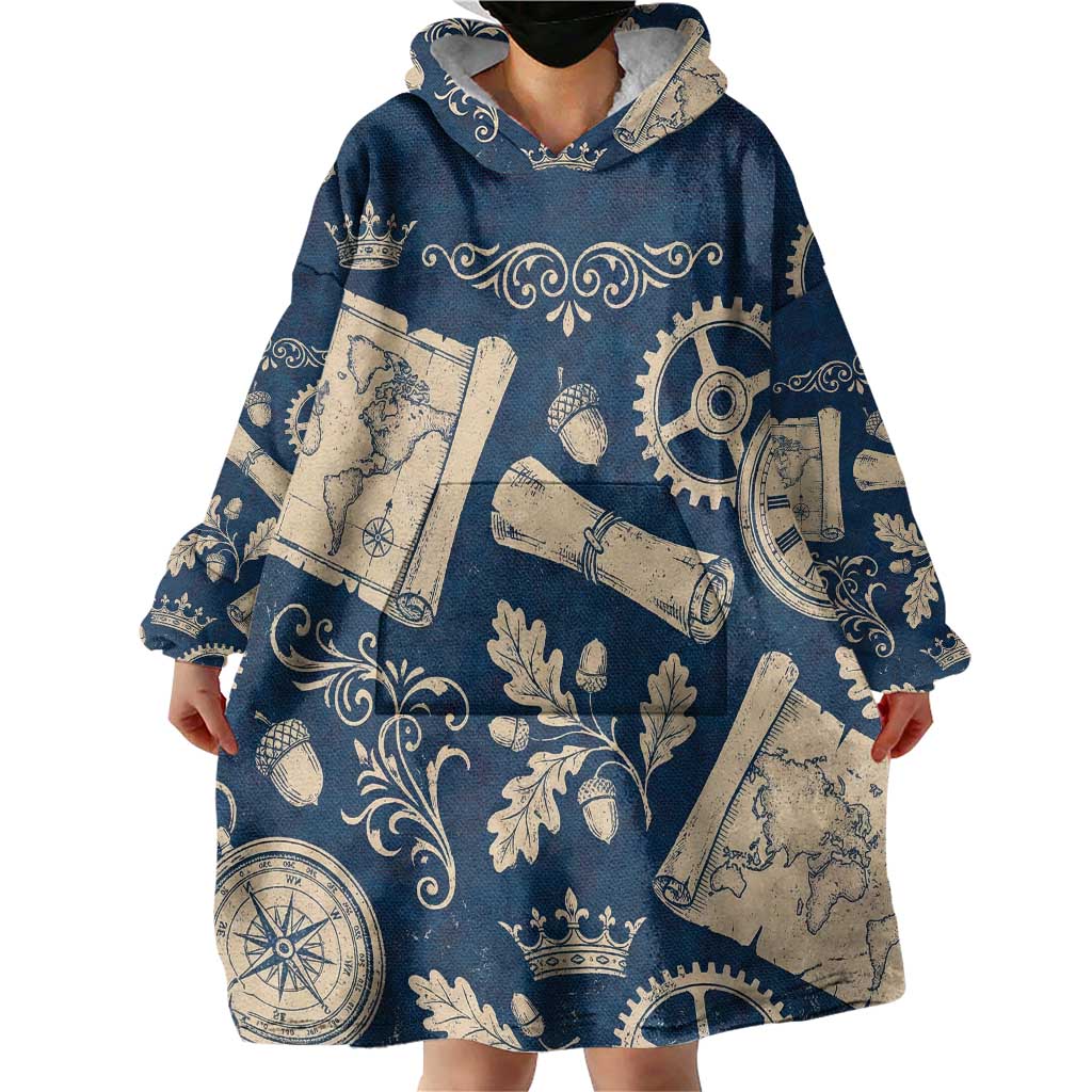 Legend 1976 Vintage Gears and Scrolls Design Wearable Blanket Hoodie with Crown Motif in Classic Blue and Beige Retro