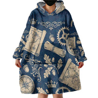 Legend 1976 Vintage Gears and Scrolls Design Wearable Blanket Hoodie with Crown Motif in Classic Blue and Beige Retro