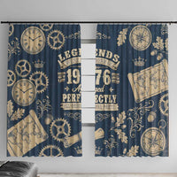 Legend 1976 Vintage Gears and Scrolls Design Window Curtain with Crown Motif in Classic Blue and Beige Retro
