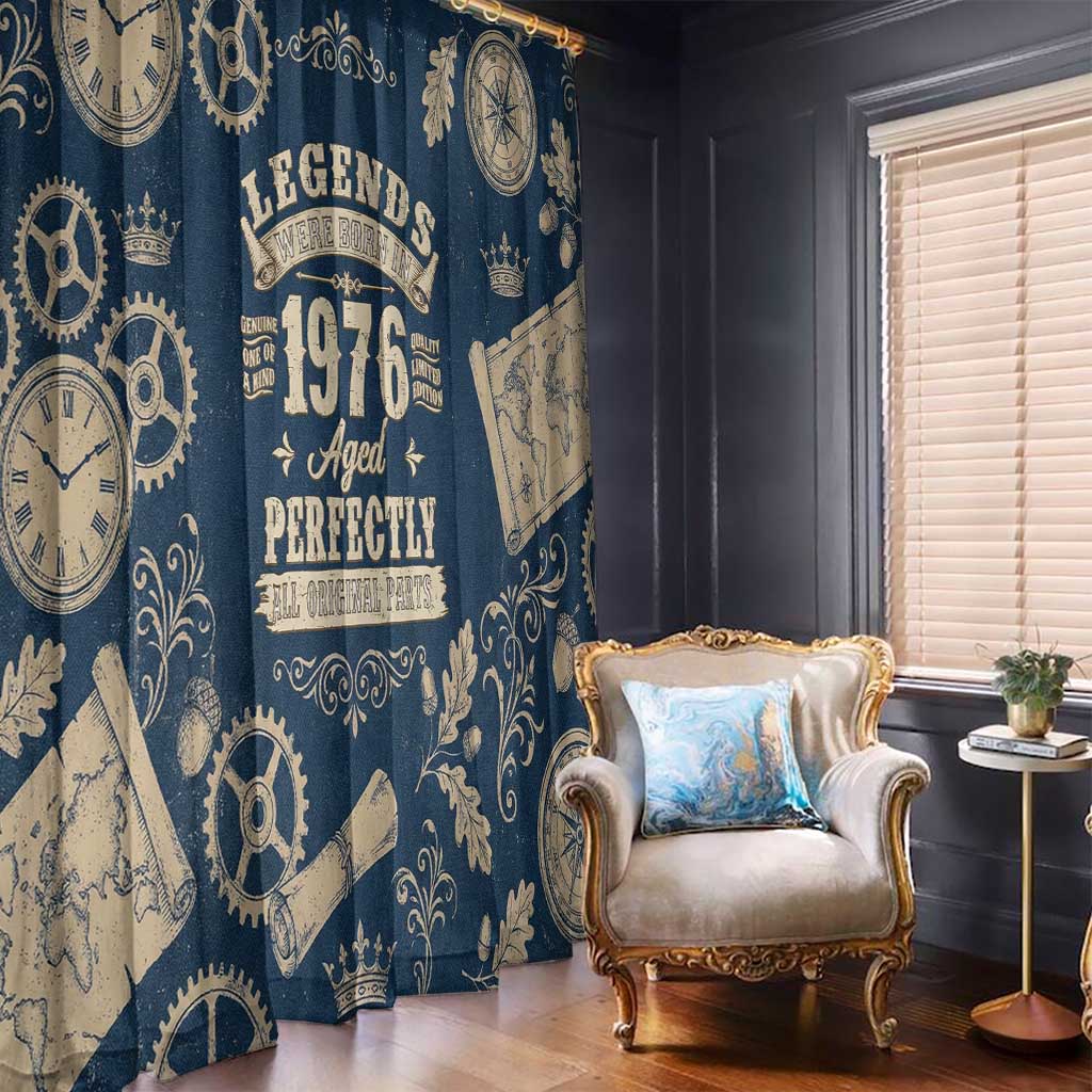 Legend 1976 Vintage Gears and Scrolls Design Window Curtain with Crown Motif in Classic Blue and Beige Retro