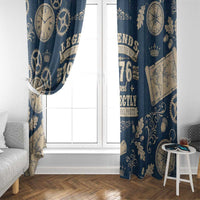Legend 1976 Vintage Gears and Scrolls Design Window Curtain with Crown Motif in Classic Blue and Beige Retro