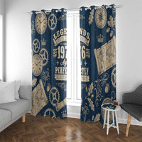 Legend 1976 Vintage Gears and Scrolls Design Window Curtain with Crown Motif in Classic Blue and Beige Retro