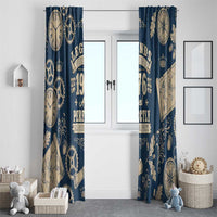 Legend 1976 Vintage Gears and Scrolls Design Window Curtain with Crown Motif in Classic Blue and Beige Retro