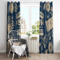 Legend 1976 Vintage Gears and Scrolls Design Window Curtain with Crown Motif in Classic Blue and Beige Retro