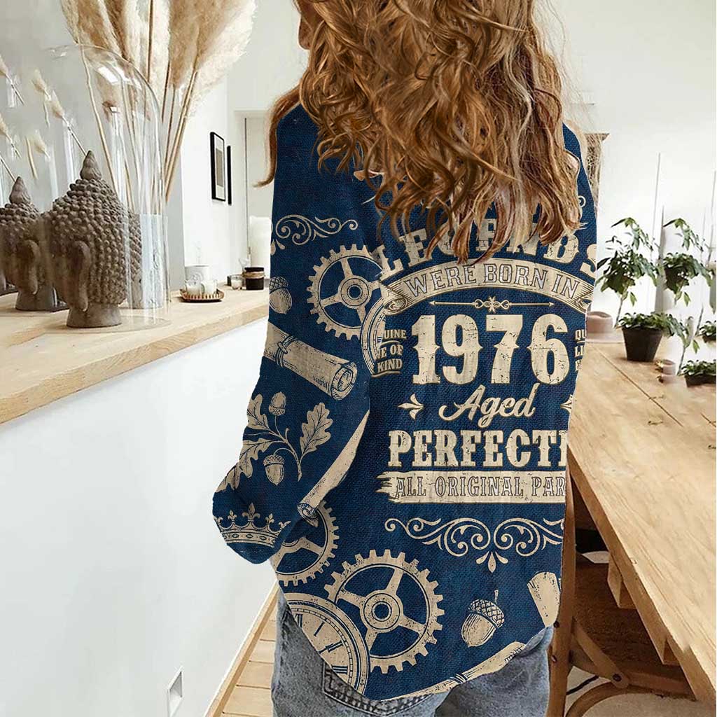 Legend 1976 Vintage Gears and Scrolls Design Women Casual Shirt with Crown Motif in Classic Blue and Beige Retro