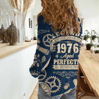 Legend 1976 Vintage Gears and Scrolls Design Women Casual Shirt with Crown Motif in Classic Blue and Beige Retro