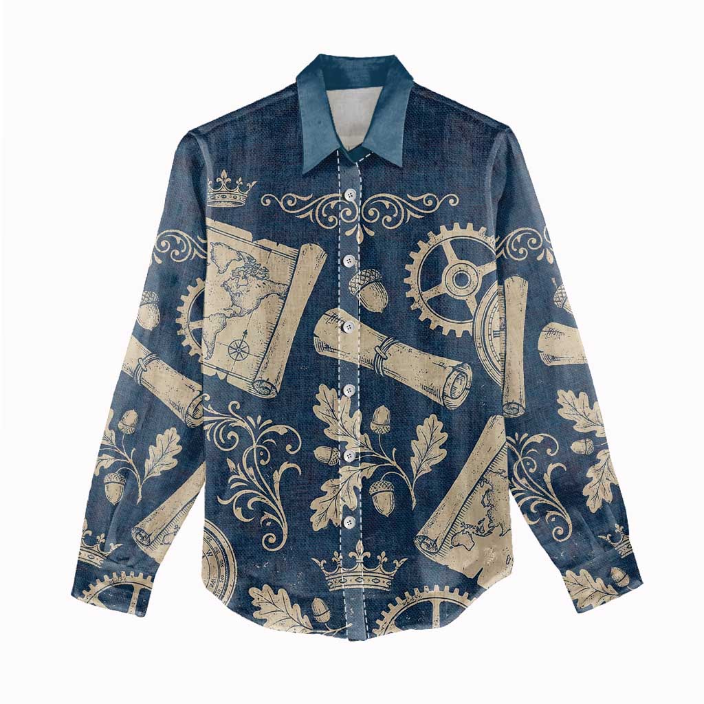 Legend 1976 Vintage Gears and Scrolls Design Women Casual Shirt with Crown Motif in Classic Blue and Beige Retro