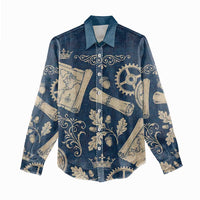 Legend 1976 Vintage Gears and Scrolls Design Women Casual Shirt with Crown Motif in Classic Blue and Beige Retro