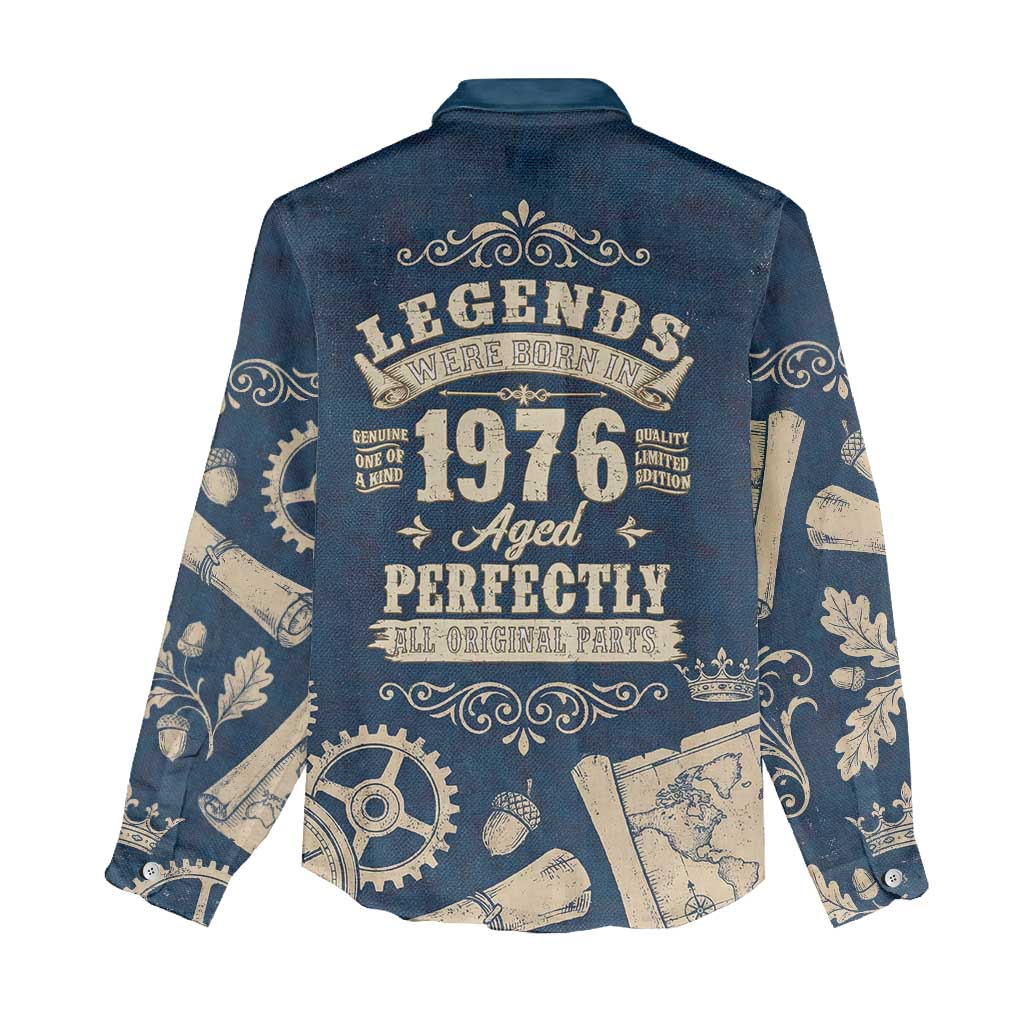 Legend 1976 Vintage Gears and Scrolls Design Women Casual Shirt with Crown Motif in Classic Blue and Beige Retro