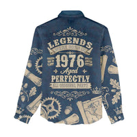 Legend 1976 Vintage Gears and Scrolls Design Women Casual Shirt with Crown Motif in Classic Blue and Beige Retro