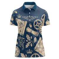Legend 1976 Vintage Gears and Scrolls Design Women Polo Shirt with Crown Motif in Classic Blue and Beige Retro