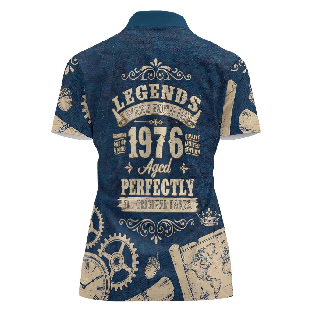 Legend 1976 Vintage Gears and Scrolls Design Women Polo Shirt with Crown Motif in Classic Blue and Beige Retro
